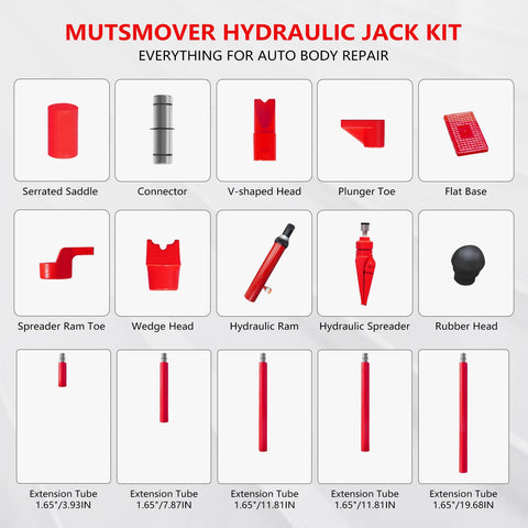 Built Like A Tank Professional Grade 10 Ton Porta Power Hydraulic Jack Kit attachments including extensions, heads, and tools.
