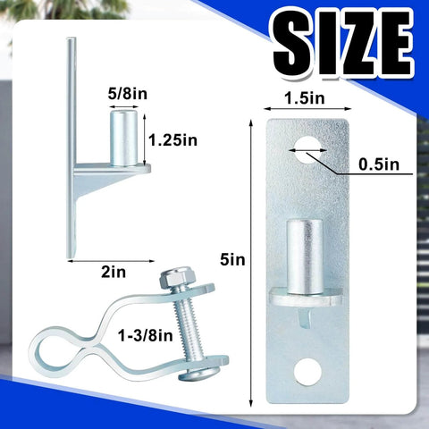 Size dimensions of 4 Pcs Heavy Duty Wall Mount Gate Hinges For Pipe Gates And Chain Link Fences, showing measurements and parts.