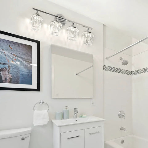4-Light LED Vanity Light With Crystal Wall Sconces And Acrylic Shade For Bathroom Over Mirror, White Chrome Finish