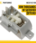 WE01X31004 Latch Replacement For General Electric Dryers, shown close-up, gray and white plastic, heavy-duty repair part.