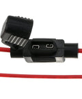 Close-up view of 10 Pack Inline Blade Fuse Holder Add A Circuit For Mini ATM APM Fuses 12V 24V 32V 18 AWG Waterproof Car Fuse Adapter Protects Original Circuits High Quality Weatherproof 20A Max with red wiring.