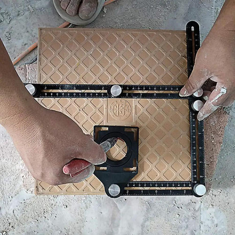Hands using Pro Grade Aluminum Alloy Six Fold Ruler Angle Finder Universal Angle Ruler Drill Guide Locator Tile Hole Template Tool