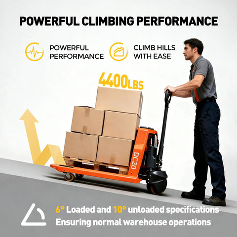 Heavy Duty Electric Pallet Jack With 4400 Lb Capacity And Lithium Battery moving boxes up an incline with operator guiding.