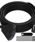Beefy 100 Ft Heavy Duty Outdoor Extension Cord With 3 Outlets, 12/3 12AWG SJTW, 90 Degree Plug, Black, with strap and ties