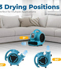 Compact 600 CFM Centrifugal Air Mover for Drying and Ventilation in three positions, stackable floor blower for home use.