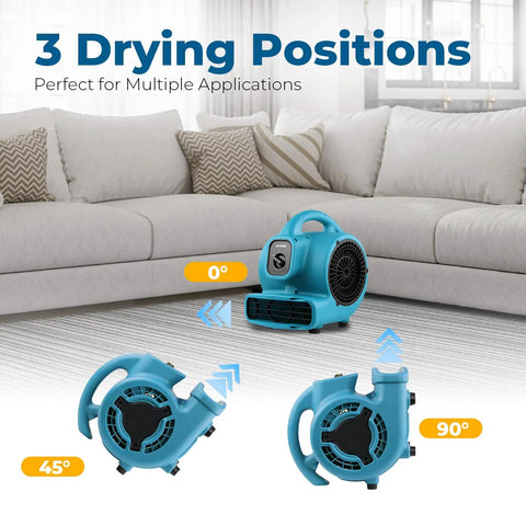 Compact 600 CFM Centrifugal Air Mover for Drying and Ventilation in three positions, stackable floor blower for home use.