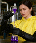 Heavy Duty Chemical Resistant Rubber Gloves With Killer Anti Slip Grip Long Cuff Workhorse Grade Industrial Safety Gear Built Tough As Nails For Daily Grinds And Hazardous Messes On The Worksite, worn by woman in lab.