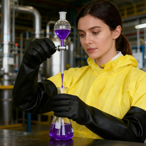 Heavy Duty Chemical Resistant Rubber Gloves With Killer Anti Slip Grip Long Cuff Workhorse Grade Industrial Safety Gear Built Tough As Nails For Daily Grinds And Hazardous Messes On The Worksite, worn by woman in lab.