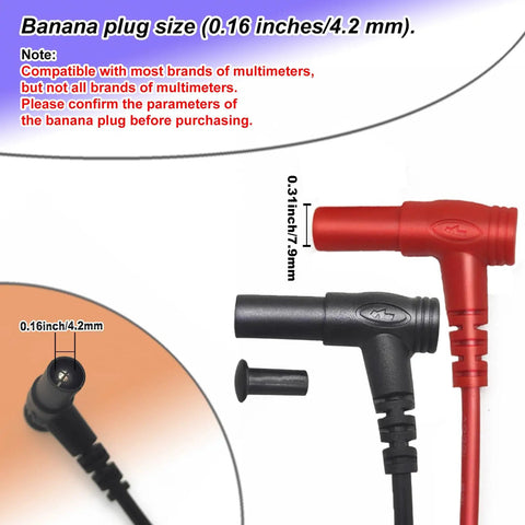 Pro Grade Multimeter Test Leads Kit With 1000V 20A Capacity 40.5 Inch Silicone Probes And Ultra Sharp Gold Plated Tips Handy Alligator Clips For Hands Free Testing Compatible With Fluke AstroAI Klein And Automotive Diagnostics banana plugs showing size compatibility in inches and millimeters