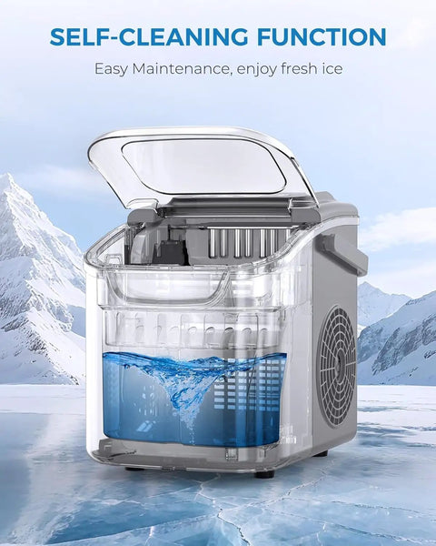 Countertop Ice Maker With Handle Portable Self Cleaning Ice Machine 26 Lbs Per Day 8 Cubes Ready In About 6 Minutes Great For Home Kitchen Bar Party Grey showing self-cleaning function