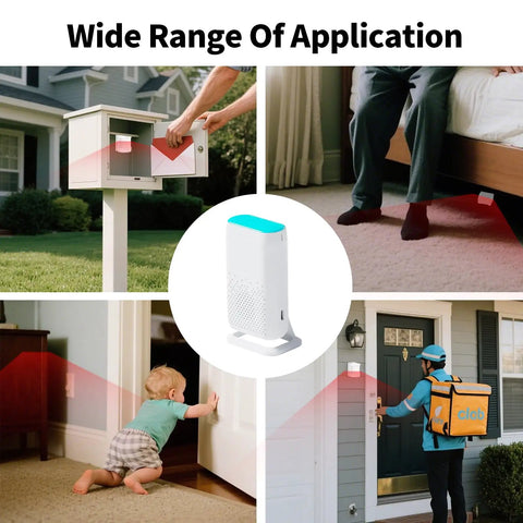 Bedside Safety Alarm System For Elderly At Home No Fuss Motion Sensor Bed Alarm With 58 Melodies LED Alerts And Gentle Vibration Fall Prevention Monitor For Seniors And Caregivers shown for home entry, bed, and child safety