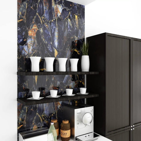 Navy Marble Peel And Stick Countertop Paper 30x236 Self Adhesive Vinyl Wallpaper on kitchen wall above shelves