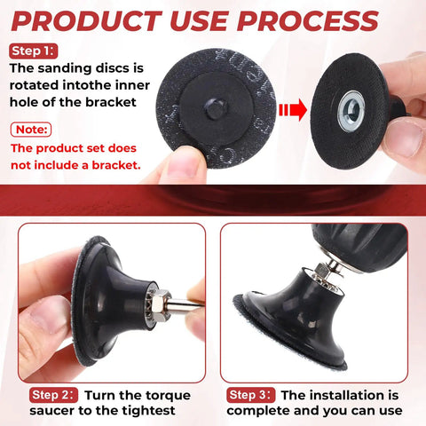 Product use process for 200 Pieces 2 Inch Sanding Discs 80 Grit for Die Grinder, with installation steps and close-up views.