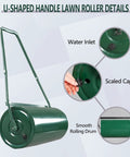 Heavy Duty 9.5 Gallon Steel Lawn Roller with U-shaped handle, water inlet, and scaled cap for yard leveling with sand or water fill