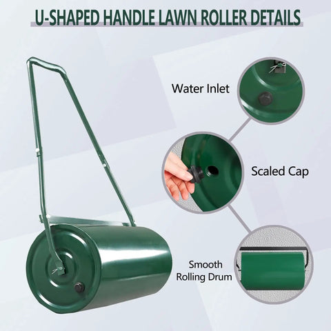 Heavy Duty 9.5 Gallon Steel Lawn Roller with U-shaped handle, water inlet, and scaled cap for yard leveling with sand or water fill