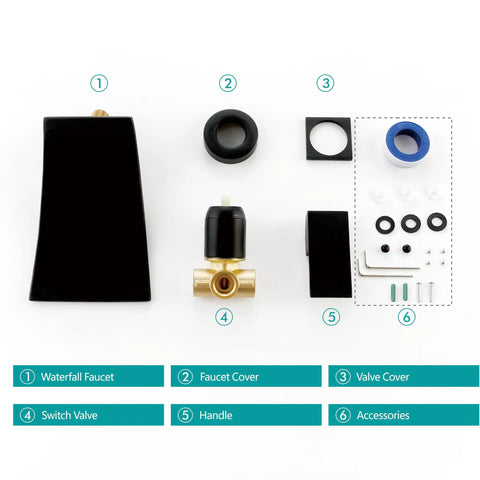 Matte Black Wall Mount Bathroom Faucet With Single Handle Dope Modern Waterfall Tub Faucet Independent Switch Wall Mounted Sink And Bath Mixer Filler Rough In Valve Included Sleek Contemporary Vibe showing parts including faucet, valve, covers, handle, and accessories.