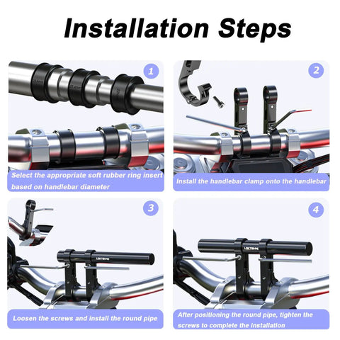 Installation steps for Long Bike Handlebar Extender 7.87 Inch Aluminum Alloy Extension with dual clamp mount on bicycle handlebar.