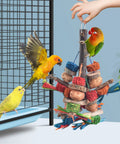 Hella Tough Parrot Chew Toys Crafted From Natural Wood Hemp Rope Corn Cob And Sweet Treat Nuts For Big Time Foraging Fun In Conure Cockatoo Parakeet Budgie Cage with colorful wooden pieces and birds.