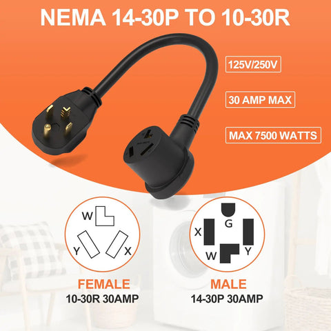 Three Prong To Four Prong Dryer Adapter Cord One And A Half Foot Flexible 30A 250V NEMA 14 30P To 10 30R Copper Wire Dryer Outlet Converter