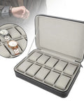 Top Shelf 10 Grid Watch Storage Box With Cushioned Dividers, showcasing two watches in a compact black case.