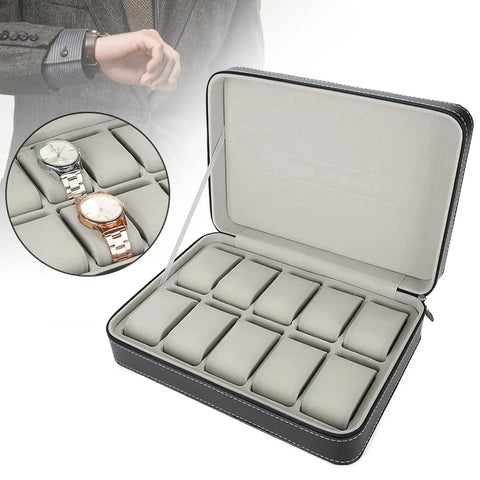 Top Shelf 10 Grid Watch Storage Box With Cushioned Dividers, showcasing two watches in a compact black case.