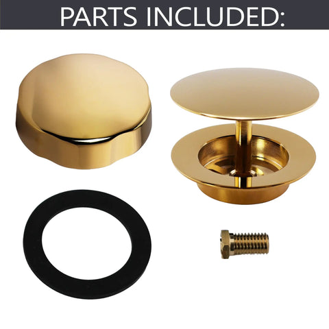35 Inch Rock Solid Cable Driven Bath Waste, Polished Brass Pop Up Stopper And Strainer parts, including pop-up stopper, washer, and screw.