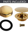 Rock Solid 1 1/2 Inch Schedule 40 Pvc Cable Driven Bath Waste Kit With Smooth As Silk Pop Up Drain Plug And Top Shelf Polished Brass Hardware parts including brass drain plug, knob, rubber washer and screw.
