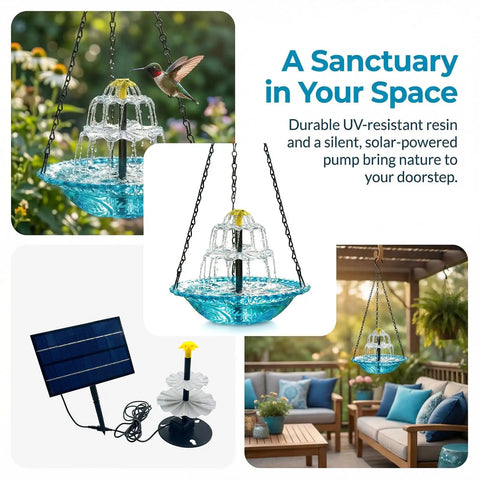 Powered Cascade Bird Bath Fountain Hanging Water Feature For Outdoors Garden Patio Backyard Blue Eco Friendly Decor No Batteries Needed Easy Setup Outdoor shown installed in a patio setting.