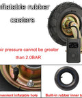 Real Deal Heavy Duty Caster Wheels Eight And Ten Inch Swivel Brake Outdoor Casters For Yard Cart Hauling One Thousand One Hundred Pound Load Rating Smooth Roll Rubber Tires Mounting Kit with inflatable rubber tire and pressure gauge.