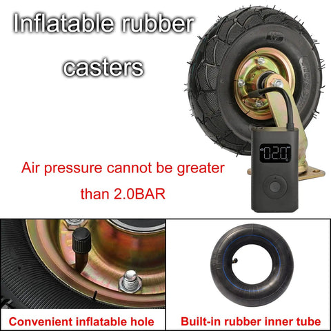 Real Deal Heavy Duty Caster Wheels Eight And Ten Inch Swivel Brake Outdoor Casters For Yard Cart Hauling One Thousand One Hundred Pound Load Rating Smooth Roll Rubber Tires Mounting Kit with inflatable rubber tire and pressure gauge.