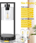 Industrial Table Lamps Set of 2 with Touch Control and USB Ports, glass and metal finish, shown with bulb specifications.