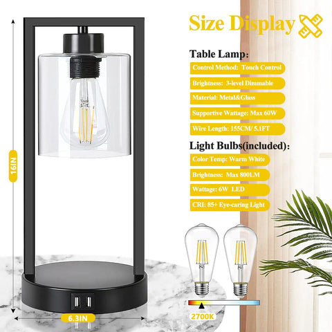Industrial Table Lamps Set of 2 with Touch Control and USB Ports, glass and metal finish, shown with bulb specifications.