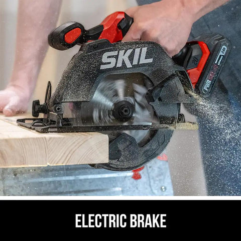 Pro Grade 20 Volt Brushless Circular Saw Kit With 6 1/2 Inch Carbide Blade And Fast Charger cutting wood with electric blade brake.