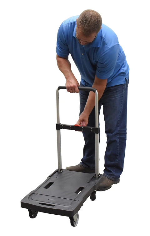 Man adjusting handle of Plastic Fold Flat Cart Workhorse With Three Height Adjustable Handle Cushioned Grip Rubber Deck Non Slip Surface 300 Lb Capacity Black