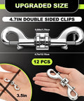 Close-up of 4.7 Inch Zinc Alloy Double Ended Bolt Snap Hook with measurements, part of a 12 Pack for durable dog leashes.