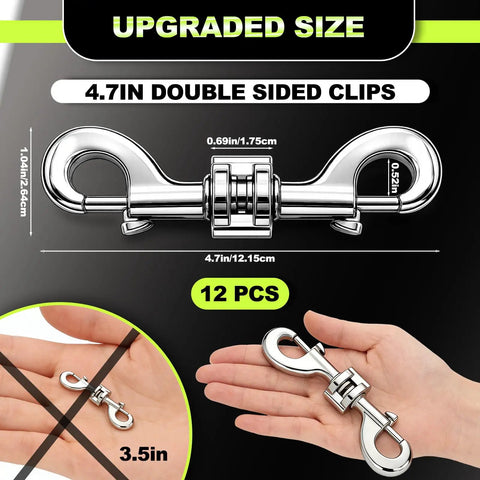 Close-up of 4.7 Inch Zinc Alloy Double Ended Bolt Snap Hook with measurements, part of a 12 Pack for durable dog leashes.