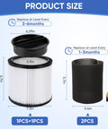 Replacement Cartridge Filter For 5 Gallon And Larger Wet Dry Vacuums with dimensions and maintenance guide shown.
