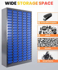 Heavy Duty 100 Drawer Parts Cabinet With Metal Frame For Nuts Bolts And Small Hardware In Garage Workshop And Classroom Storage Organizer Durable ABS Drawers And Sturdy Metal Body Keeps Tools And Components Tidy And Accessible front view with labeled item suggestions.