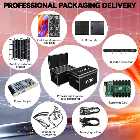 Next Level P3.91 Portable Led Display Wall Boasting Badass Bright Visuals With Ip65 Waterproof Aluminum Cabinet Includes Mounting Frame And Tough Flight Case For Stage Concerts 14 Pack image showing professional packaging and accessories.