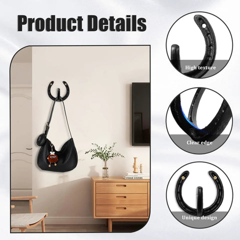 Heavy Duty Cast Iron Horseshoe Wall Hooks Wild West Coat And Hat Rack mounted on wall holding a black handbag, showcasing rustic charm.