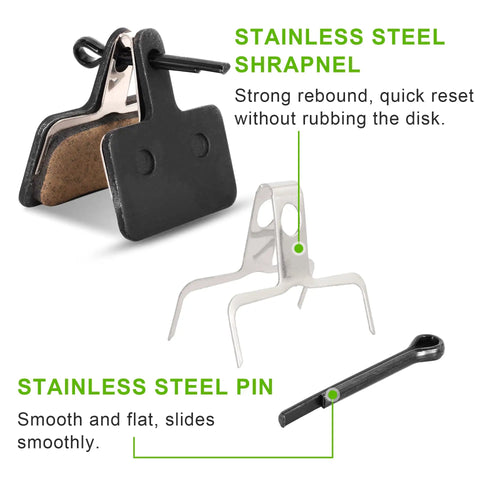 Close-up of Four Pairs Metal Premium Ebike Brake Pads With Installation Tools, showing stainless steel shrapnel and pin