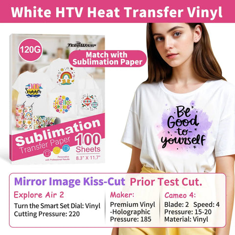Matte White Sublimation HTV For Dark And Light Cotton Fabrics 12 Inch By 10 Feet Iron On Vinyl For Cotton Tees Works With Sublimation Paper And Printers
