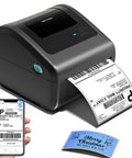 Compact Bluetooth 4x6 Thermal Shipping Label Printer D450BT printing label, shown with smartphone app and printed label example.