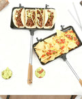 Oukens Non Stick Cast Iron Double Pie Iron Portable Campfire Press With Removable Handles For Grill Stove Mountain Cooking Adventure Gear with tacos and nachos.