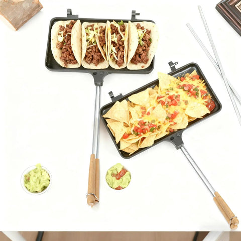 Oukens Non Stick Cast Iron Double Pie Iron Portable Campfire Press With Removable Handles For Grill Stove Mountain Cooking Adventure Gear with tacos and nachos.
