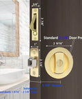 Pocket Door Privacy Lock With Easy Grip Flush Handles Satin Brass Round Knob For Bed And Bath Doors, 2 3 8 Backset, Fits 1 3 Eighth To 2 3 Sixteenth Inch Thick Doors, Recessed Lever Latch With Edge Pull, 1 Pack installed view showing dimensions.