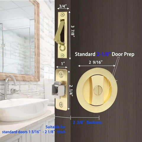 Pocket Door Privacy Lock With Easy Grip Flush Handles Satin Brass Round Knob For Bed And Bath Doors, 2 3 8 Backset, Fits 1 3 Eighth To 2 3 Sixteenth Inch Thick Doors, Recessed Lever Latch With Edge Pull, 1 Pack installed view showing dimensions.