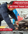 Mechanic working on car engine with a battery tester, open hood in background, "Prevention is Better Than Cure" text overlay.