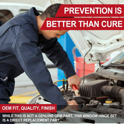 Mechanic working on car engine with a battery tester, open hood in background, "Prevention is Better Than Cure" text overlay.