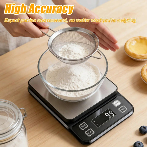 Waterproof Kitchen Scale With 0.1g Precision, 10kg/22lb Digital Food Scale In Stainless Steel, measuring flour in a glass bowl